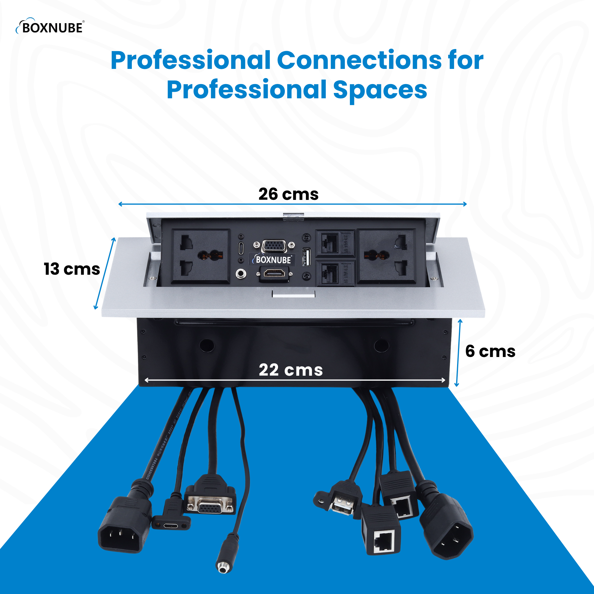 BOXNUBE Hydraulic Pop Up Box Cable Cubby with HDMI, VGA, Audio, LAN, USB A, USB Type C & Power Ports BOXNUBE Hydraulic Pop Up Box Cable Cubby with HDMI, VGA, Audio, LAN, USB A, USB Type C & Power Ports